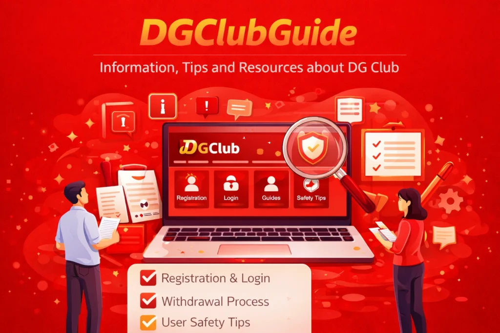 DG Club informational guide illustration with login registration and safety tips